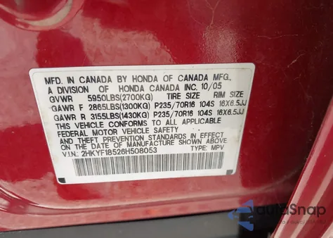 2006 Honda Pilot Ex-L from USA, damaged, VIN 2HKYF18526H508053